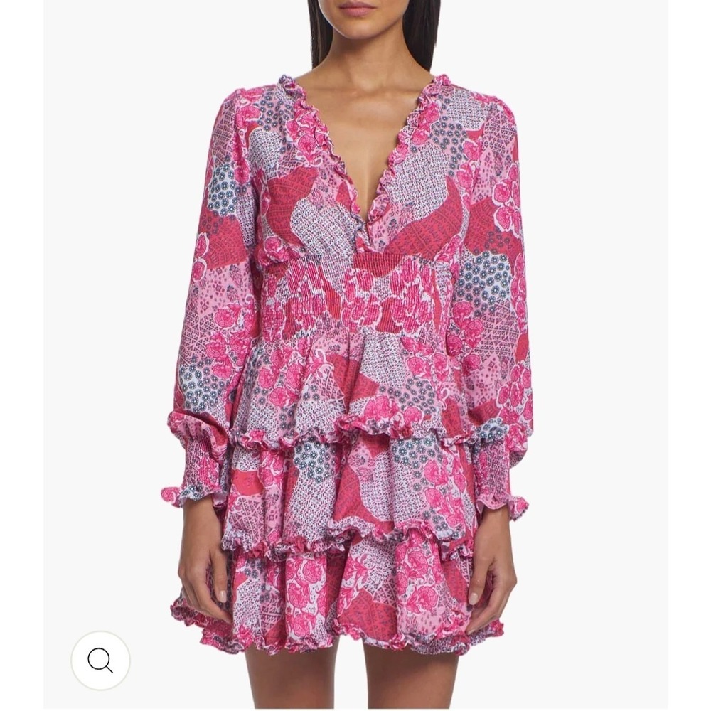 Peixoto Pink Patchwork Floral Smocked Tiered Ruffle Mini Dress Womens Large